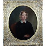 Victorian oil on canvas laid on board of a half bust lady with lace collar, 72 x 62cm, in ornate