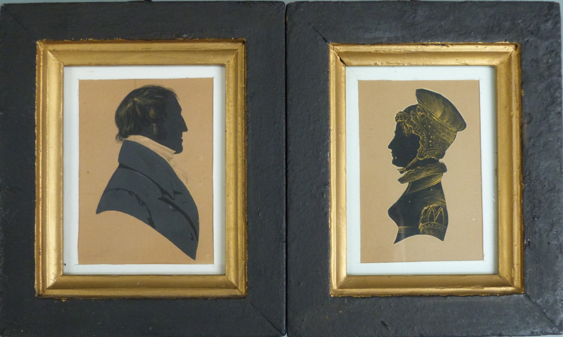 A pair of 19thC silhouettes with gold highlights in the style of Miers, portrait miniature of a lady - Image 2 of 3