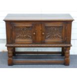 Carved oak two door cabinet/small sideboard, W107 x H78 x D45cm