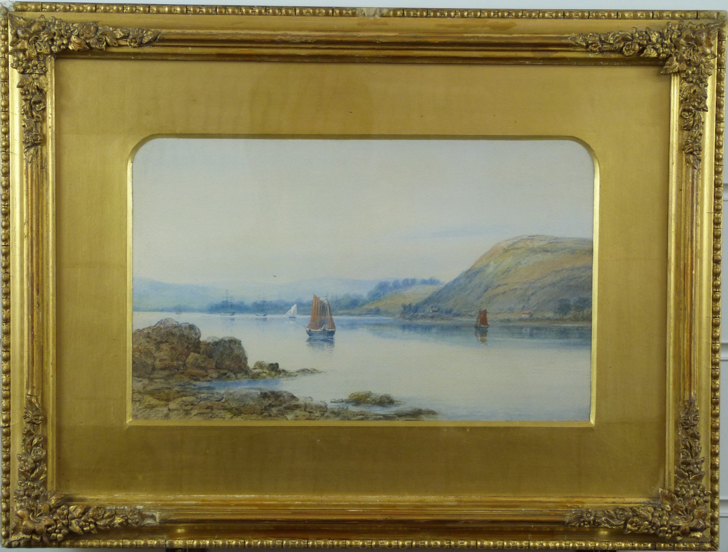 19thC watercolour coastal scene with boats in an estuary, 17 x 27cm, in gilt frame - Image 2 of 3