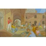 Oliver Heywood (1920-1992) oil on canvas musicians in a square with audience, San Gimignano,