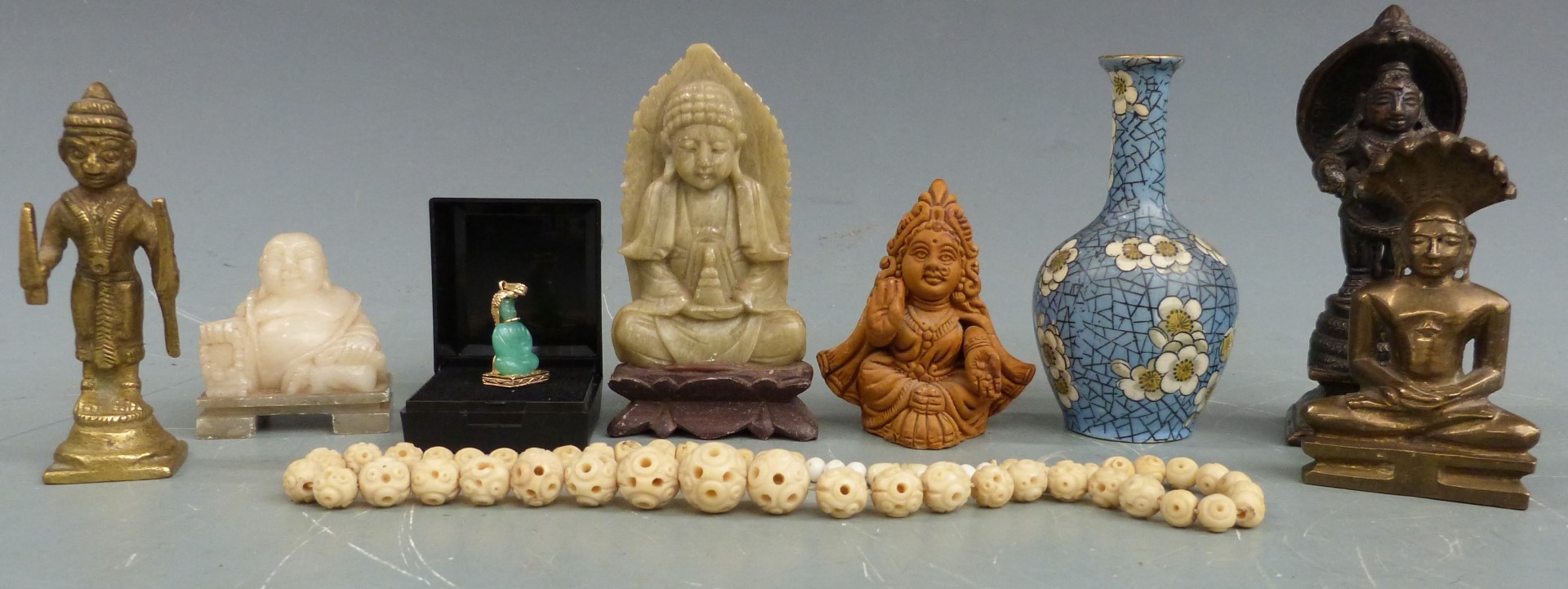 Indian bronze statue, two brass statues, Chinese crackle style vase and two soap stone carvings, - Image 2 of 4