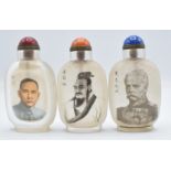 Three Chinese reverse glass painted scent bottles with quartz stoppers, 9cm