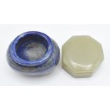 A lapis lazuli carved pot (4 x 4.5cm) and a jadeite lidded octagonal pot, 2 x 5.2cm