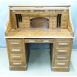 20thC oak roll top desk with fitted interior, W128 x D74 x H135cm