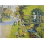 Pair of John Haskins signed limited edition (38/100) prints of children fishing / village scene,