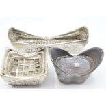 Three large silver coloured Chinese trade tokens, largest 20 x 4 x 5cm