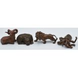Four Japanese bronzes, a lion, octopus, dragon, and ram, all marked to base, largest 5.5 x 4.5cm