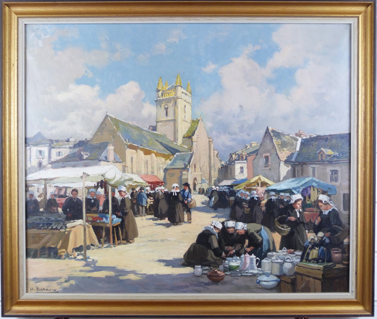 Henri Alphonse Barnoin (French 1882-1940) oil on canvas sunny market day in a French town with - Image 2 of 8