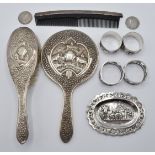 Indian or similar white metal mirror and hand brush, both stamped silver, small white metal oval