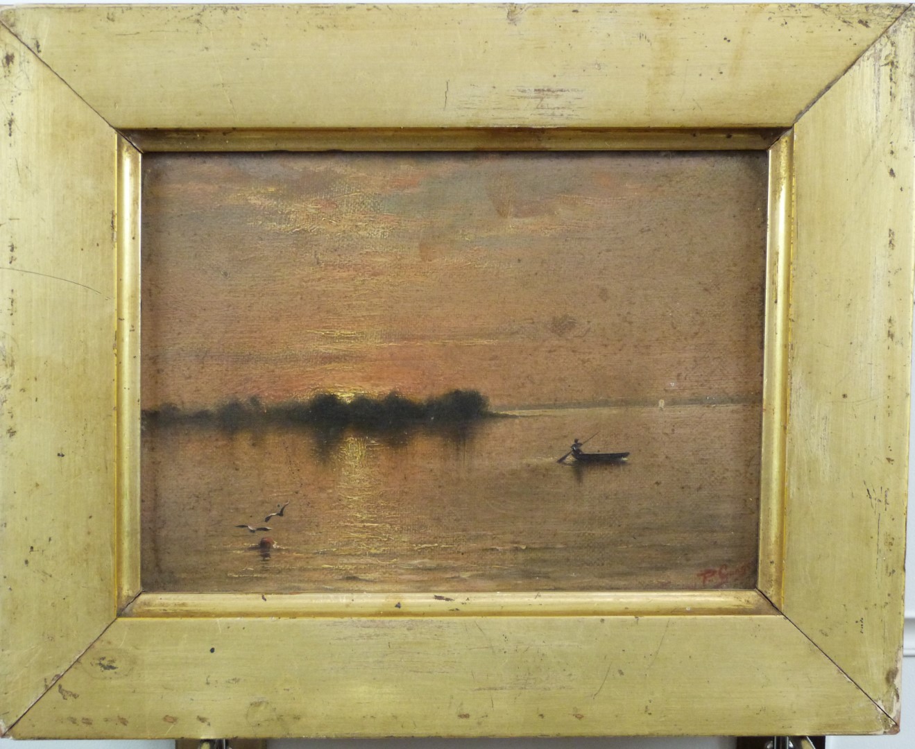 J P Gangooly (Indian 1876-1953) oil on canvas 'Sunset on the Ganges', signed and dated 1900 lower - Image 2 of 6