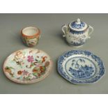 19thC Chinese ceramics including a blue and white export plate, twin-handled tureen etc, tallest