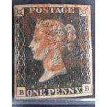 Great Britain 1840 1d black stamps x 2, both four margin EB & BB