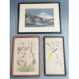 Six Chinese watercolours of birds and a Japanese embroidery of Mount Fuji, largest 17.5 x 25cm