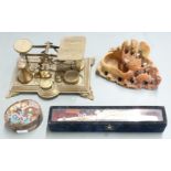 Chinese soapstone carving, cloisonné box, embroidered fan and postal scales with Avery weights