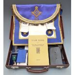 Masonic apron, jewels and ephemera, including 9ct gold example (4.5g all in) and hallmarked silver