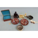 A collection of Oriental items including cloisonné, amber Buddha, Chinese bronze vessel with ivory