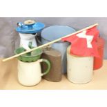 Collection of retro enamel ware, Pym & Sons, Belper stoneware flagon, military water bottle etc,