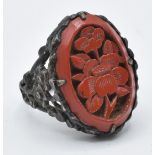 Chinese silver ring set with cinnabar lacquer plaque