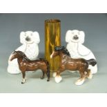 Beswick Cantering Shire and Welsh Cob, fireside spaniels, tallest 29cm, and a 1941 brass shell case