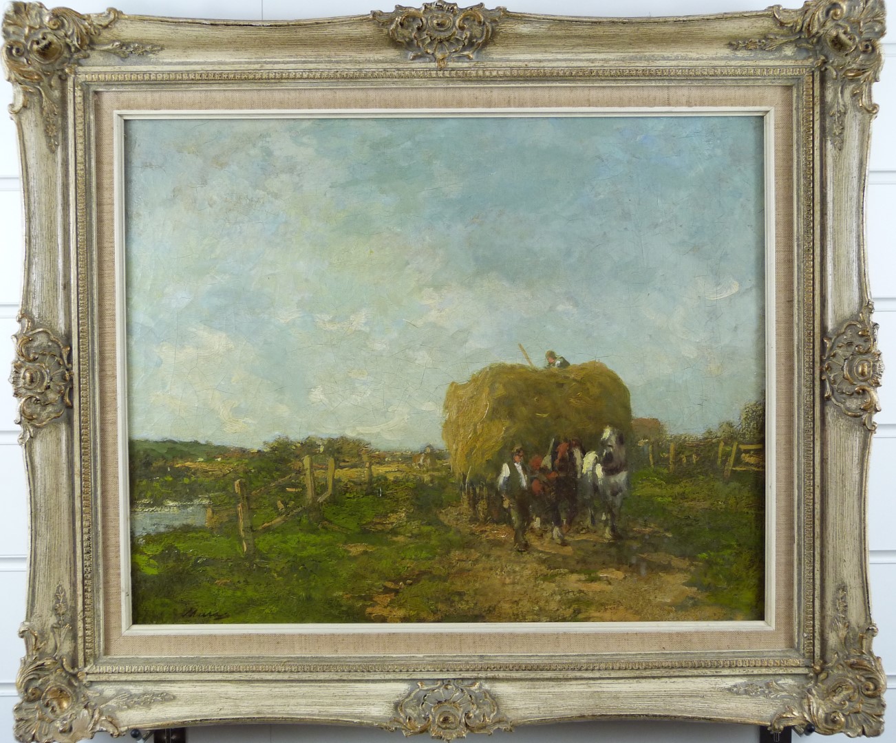 Muray impressionist oil on canvas hay cart being pulled beyond a pond, indistinctly signed lower - Image 2 of 7