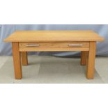 Contemporary light oak low coffee table with drawer, W102 x D50 x H47cm