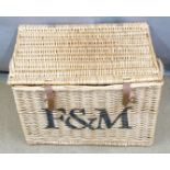 Fortnum & Mason branded wicker picnic hamper with leather hinges, W56 x D40 x H38cm