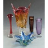 Five pieces of decorative glassware including a large Murano style Chribska Glass Studio vase,