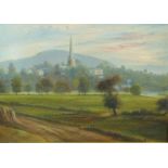 G Willis Pryce oil on board church in pastoral setting with hills beyond, signed to lower edge, 26 x