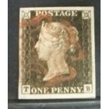 An 1840 1d black TB 4 wide margins, light red Maltese Cross cancellation