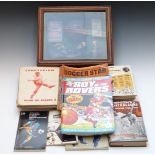 Football books, ephemera and glazed display, includes 1960s Soccer Star, 1966 World Cup book etc