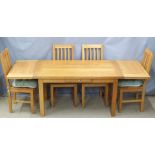 Contemporary light oak extendable dining table and four chairs, extended W220 x D88 x H75cm