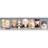Seven Royal Doulton small character jugs/ Doultonville jugs and one other, includes The Gardener,