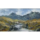 Charles Wyatt Warren (1908-1983) oil or acrylic on board, Snowdon from the Gwrhyd, stream with