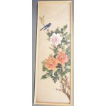 Two Chinese pictures on silk of birds and peonies, largest 60 x 20cm