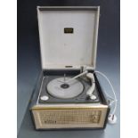 Dansette portable record player in blue and grey Rexine finish with Monarch turntable, W39 x D43 x