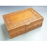 Three Chinese carved elm stationery / work boxes with fitted interiors, largest W47 x D25 x H20cm