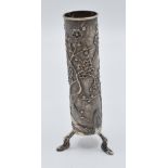 Wang Hing Chinese silver cylindrical bud vase or brush pot relief decorated with prunus blossom