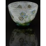 Isle of Wight footed glass bowl with iridescent flower decoration over a pearl ground, 9.5cm in