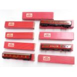 Nine Hornby Dublo 00 gauge model railway coaches including Corridor Coach, Restaurant Car, Pullman