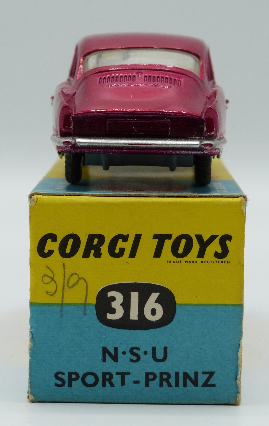 Corgi Toys diecast model NSU Prinz Sport with metallic pink body, cream interior and silver hubs, - Image 4 of 6