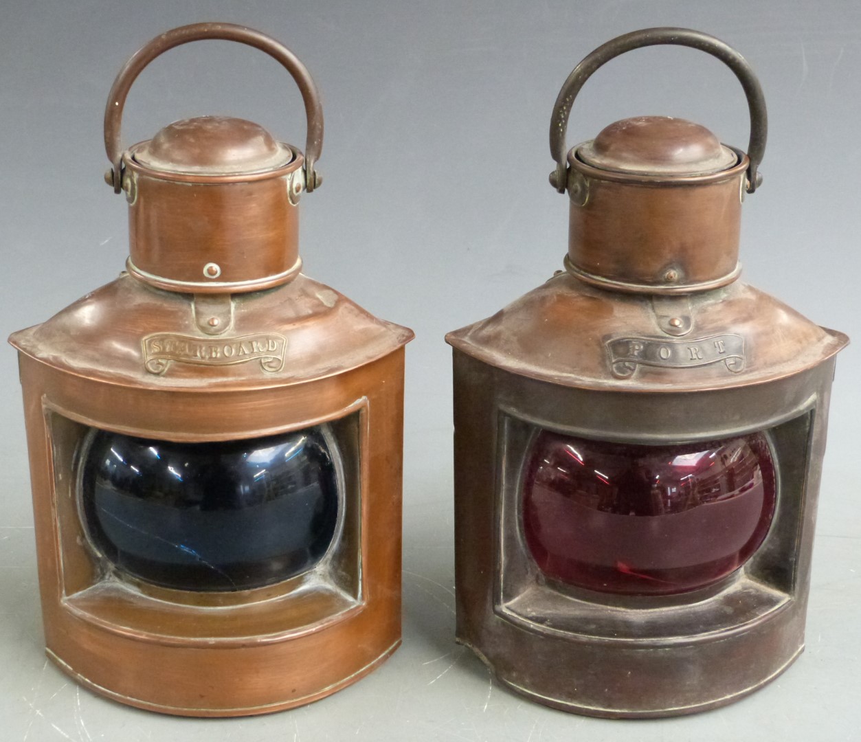 A pair of copper port and starboard ship's lamps, height 26cm
