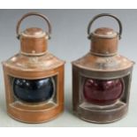 A pair of copper port and starboard ship's lamps, height 26cm