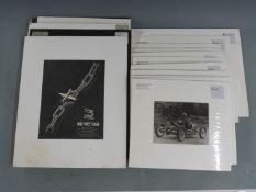Approximately 25 mounted vintage motoring and similar interest prints and adverts, largest 50 x