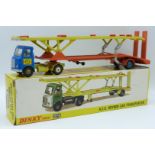 Dinky Toys diecast model A.E.C. Hoynor Car Transporter with blue cab and range and yellow trailer,