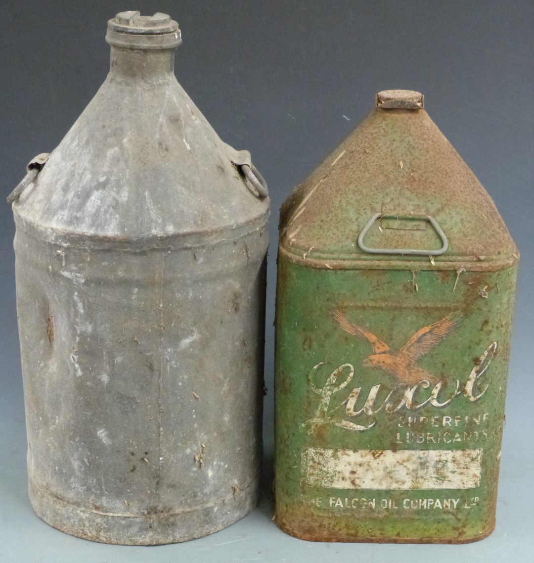 Luxol oil can and a similar conical topped can, height of tallest 56cm