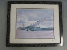 Concorde print, signed to mount by pilot Brian Trubshaw, 28 x 38cm