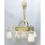 An ornate brass electrolier/ chandelier with opaque glass shade and bead fringe, H98 x D63cm