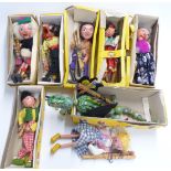 Eight Pelham puppets including Mother Dragon, Pirate, Gypsy, Macboozle, Old Lady, Dutch Girl and