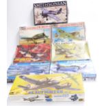 Eight Revell 1:32 scale model aeroplane kits including P-38J Lightning, Mk IV Bomber Mosquito,